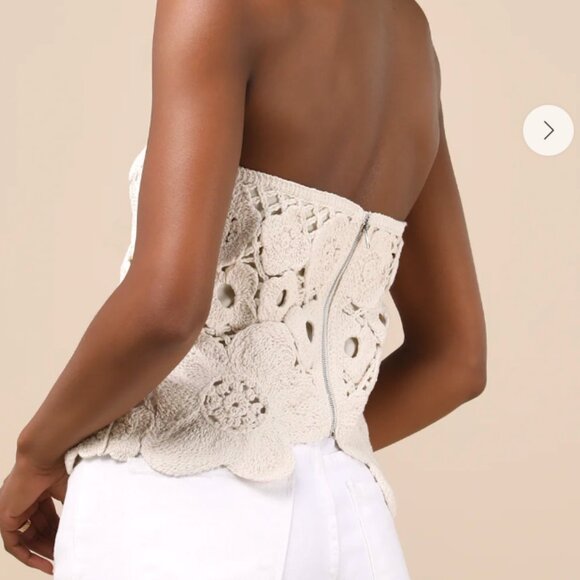 *NWT* Lulus Envied Attitude Crochet Strapless Crop Top - Beige - Picture 2 of 5